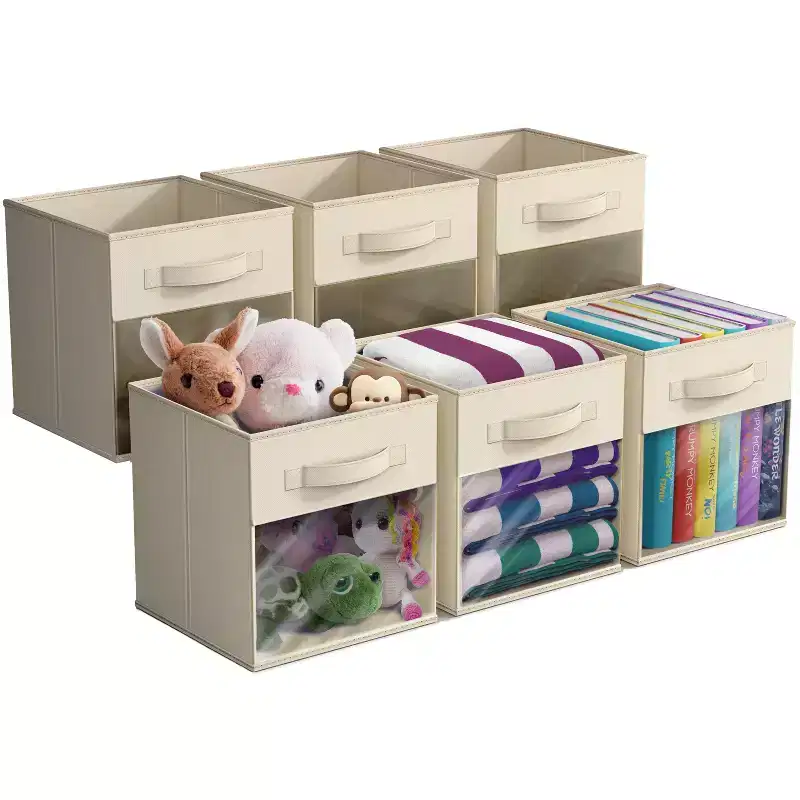 11 Inch 6 Pack Collapsible Fabric Storage Bins with Clear Window - for Organizing Clothes, Toys, Books, Shelves, Closets & more