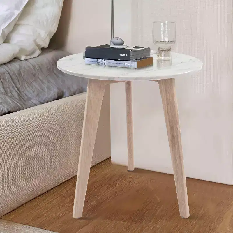 Round Marble Side Table with Elm Wood Legs – 15.5