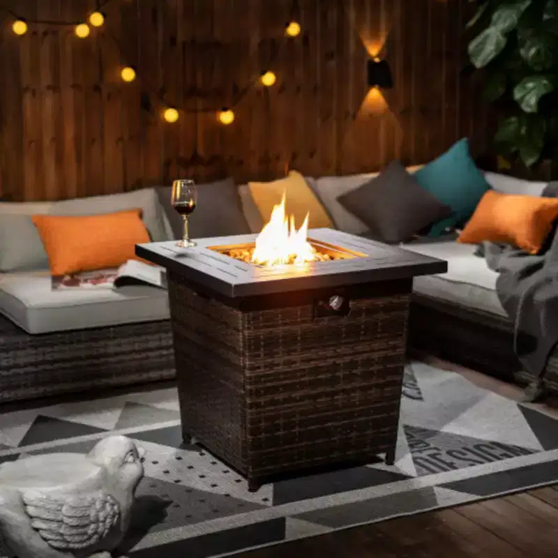 Rattan Fire Table, Square Wicker Fire Table, Adjustable Flame Outdoor Woven Rattan Fire Pit For Backyard, Garden