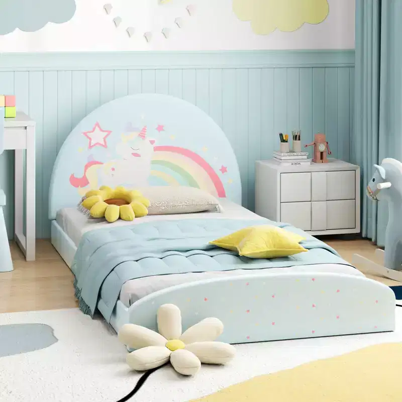 Twin Floor Bed Frame with Oxford Cloth Mat - Toddler, Purple/Blue