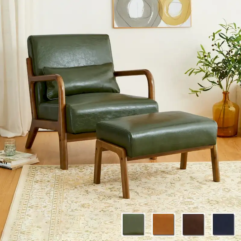 30.75H Mid-Century PU Leather Armchair with Ottoman Set