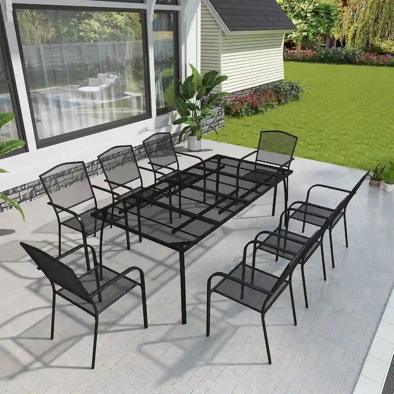 Rectangular iron mesh table with chair (set of 9)