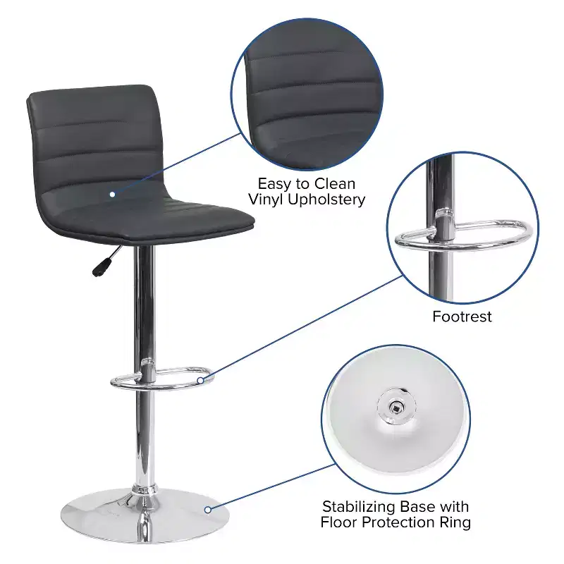 Emma and Oliver Coti Modern Channel Tufted Upholstered Height Adjustable Mid-Back Stool and Pedestal Base with Footrest