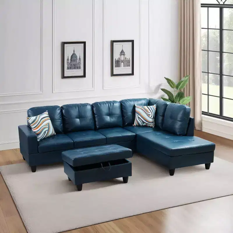 Blue Semi-PU Leather Sectional Sofa - Modern L-Shaped Design, Tufted Cushions, Storage Ottoman, Contemporary Home Dcor