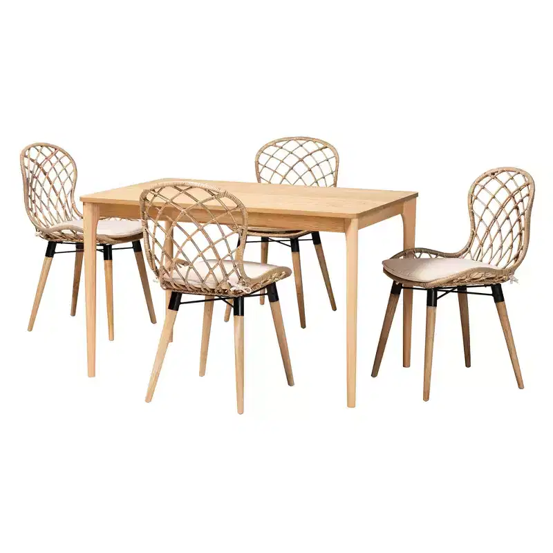 Baxton Studio Sabelle Modern Bohemian Wood and Rattan 5-Piece Dining Set