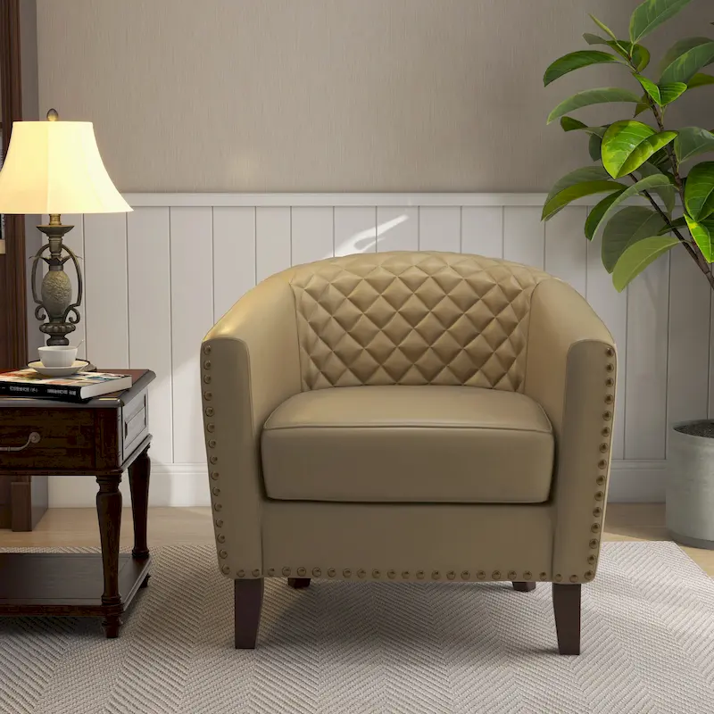 Ethan Accent Chair Barrel PU Leather with Nailhead Trim