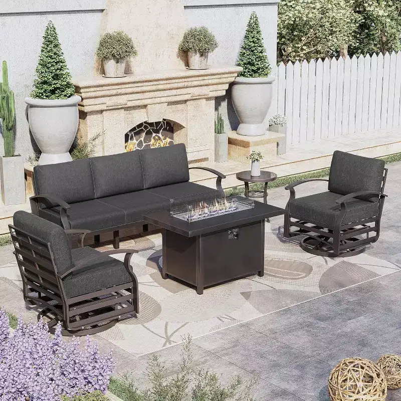 ALAULM Aluminum Patio Furniture Set, Modern Metal Outdoor Conversation Sets w/45Propane Fire Pit Table, Swivel Rocking Chairs
