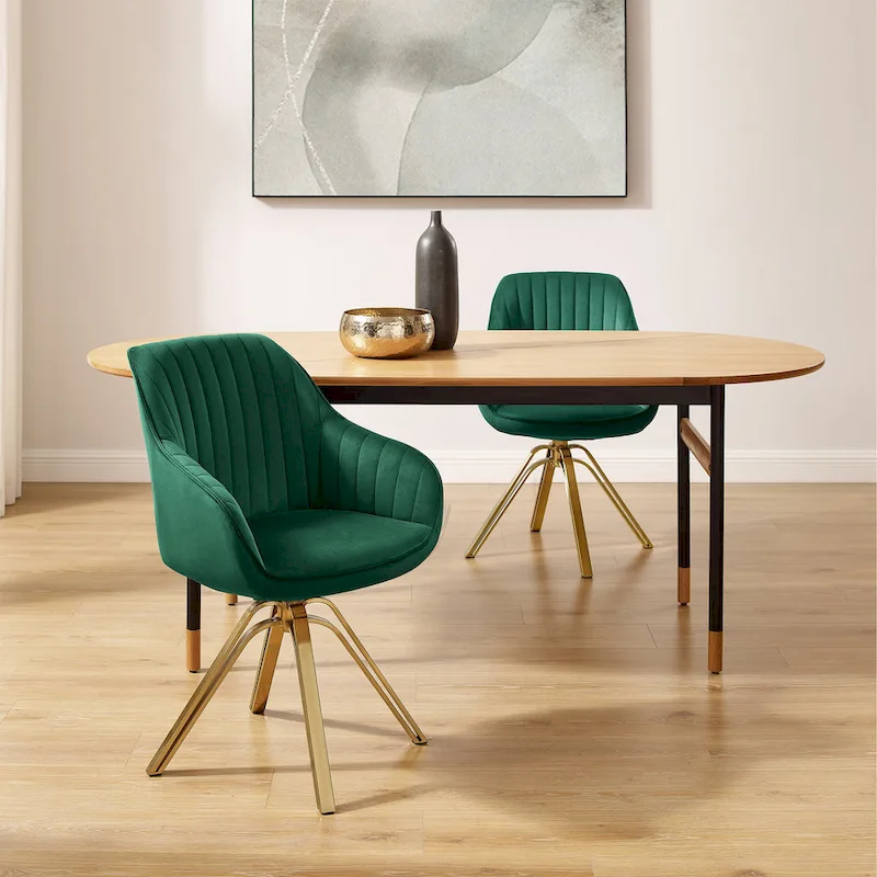 Art Leon Set of 2 Velvet Swivel Dining Chair with Golden Legs