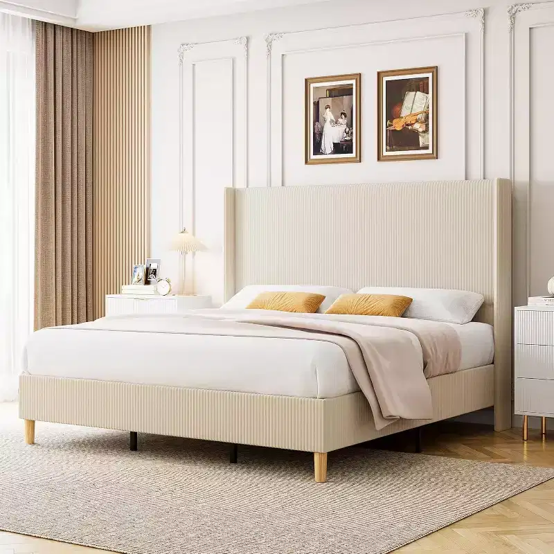 Full Bed Frame, Upholstered Platform Corduroy Bed Frame with Vertical Channel Tufted Wingback Headboard, Strong Wooden Slats, Easy Assembly, Beige