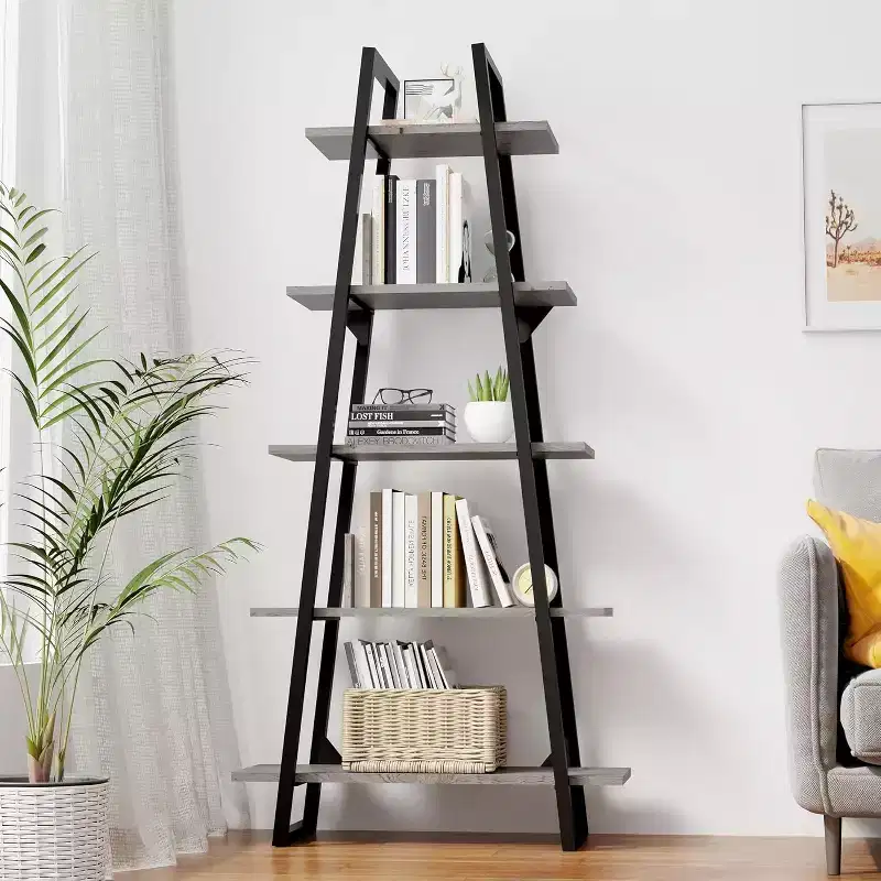 5-Shelf Trapezoidal Bookshelf,Vertical Display Shelf with Metal Supports,Open Rustic Bookshelf,Living Room,Office,Kitchen