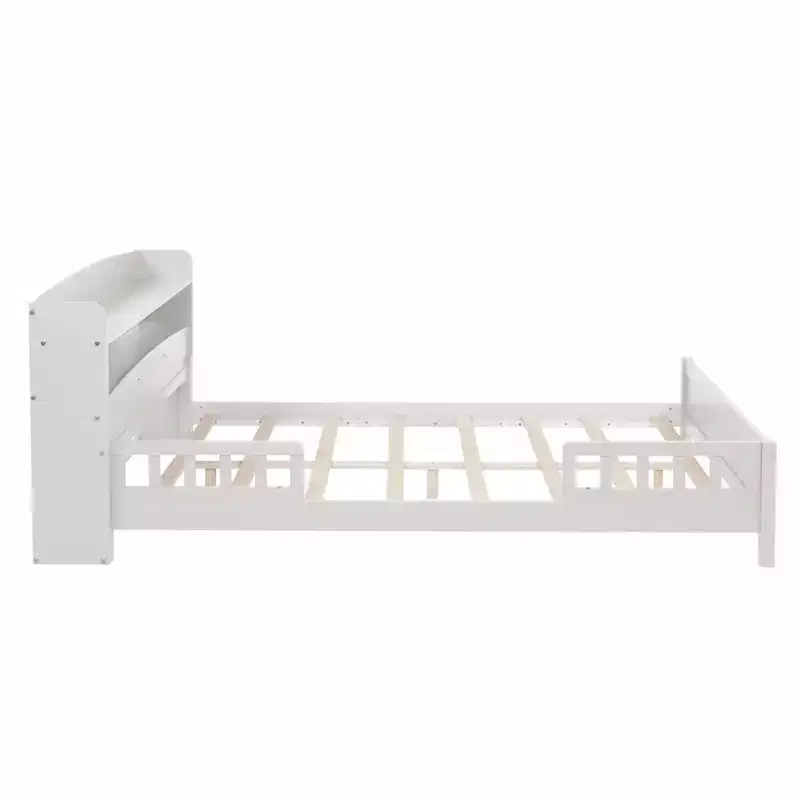MAYEERTY Full Pine Wood Bed with Bookcase Headboard, Safety Guardrails White