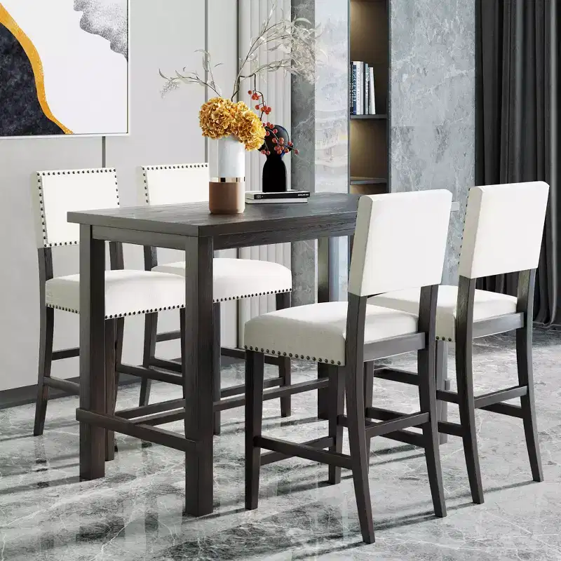 5-Piece Counter Height Dining Table Set Dining Set with Classic Dining Table and 4 Cushioned Dining Chairs, Natural Wood Wash/Espresso-ModernLuxe