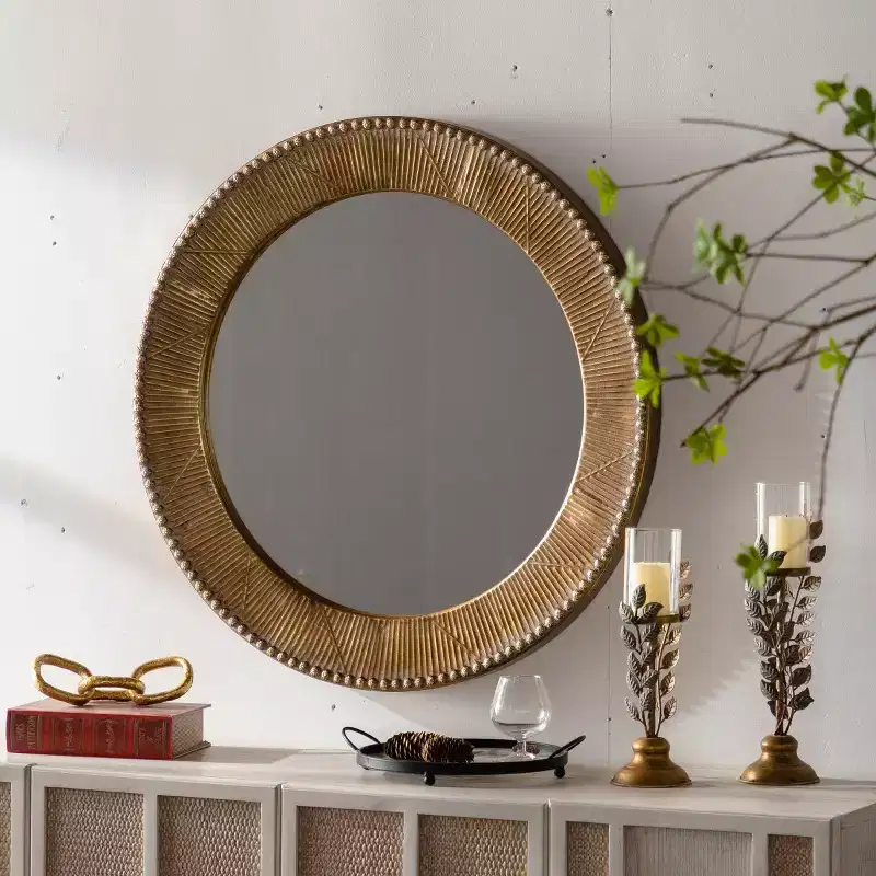 31 Luxury Round Wall Mirror with Textured Frame, Boho Accent Mirror for Living Room, Entryway, or Hallway-Panipeachy