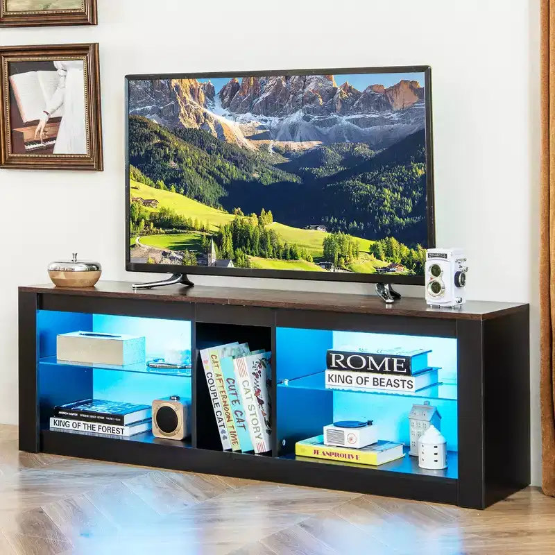 Costway TV Stand w/ LED Light for TVs up to 65 inch w/ Adjustable Tempered Glass Shelves