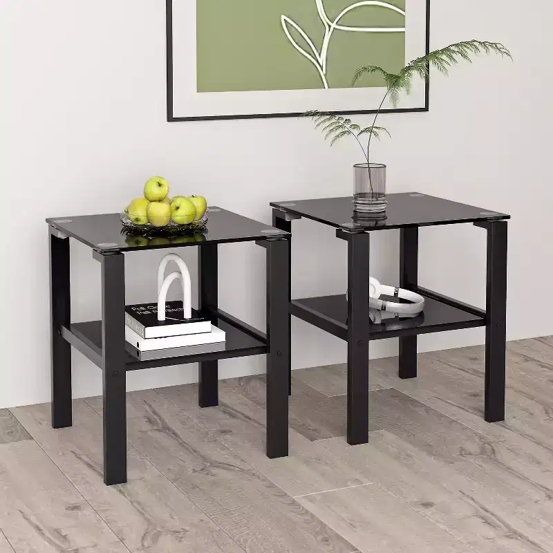 Set of 2 Glass Tea Tables - Two-Layer Tempered Glass with Iron Frame for Living Room and Bedroom
