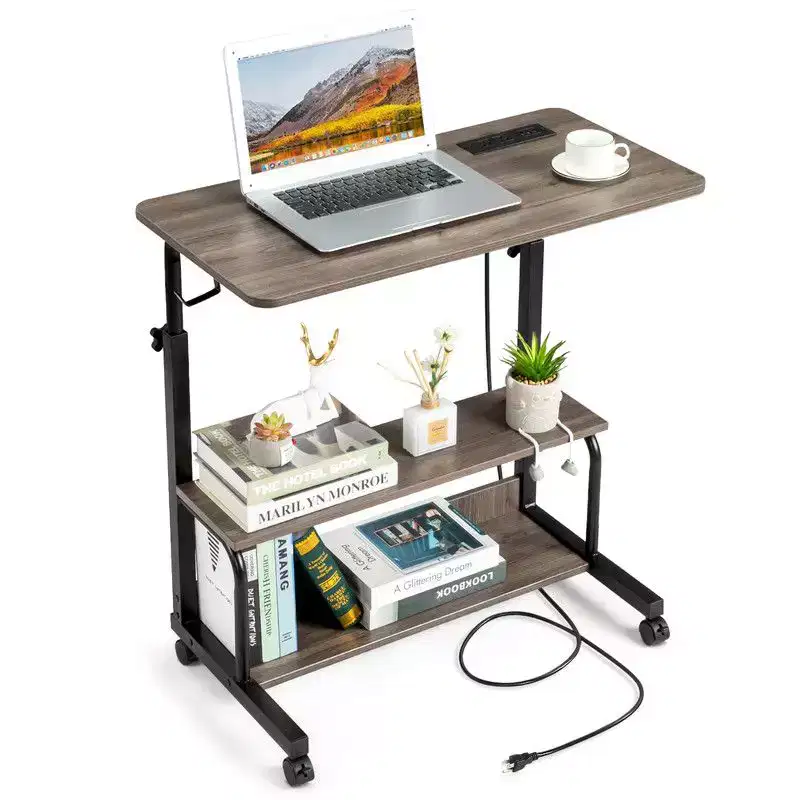 Gray Height-adjustable Wooden and Steel Structure Computer Desk with Charging Dock