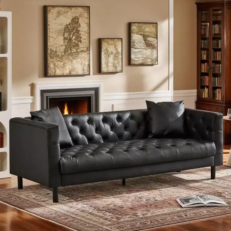 78 Leather Couch, Handmade Button Tufted 3 Seater Sofa, Chesterfield Sofa with Deep Seat and 2 Pillows, Leather Sofa , Charcoal Black