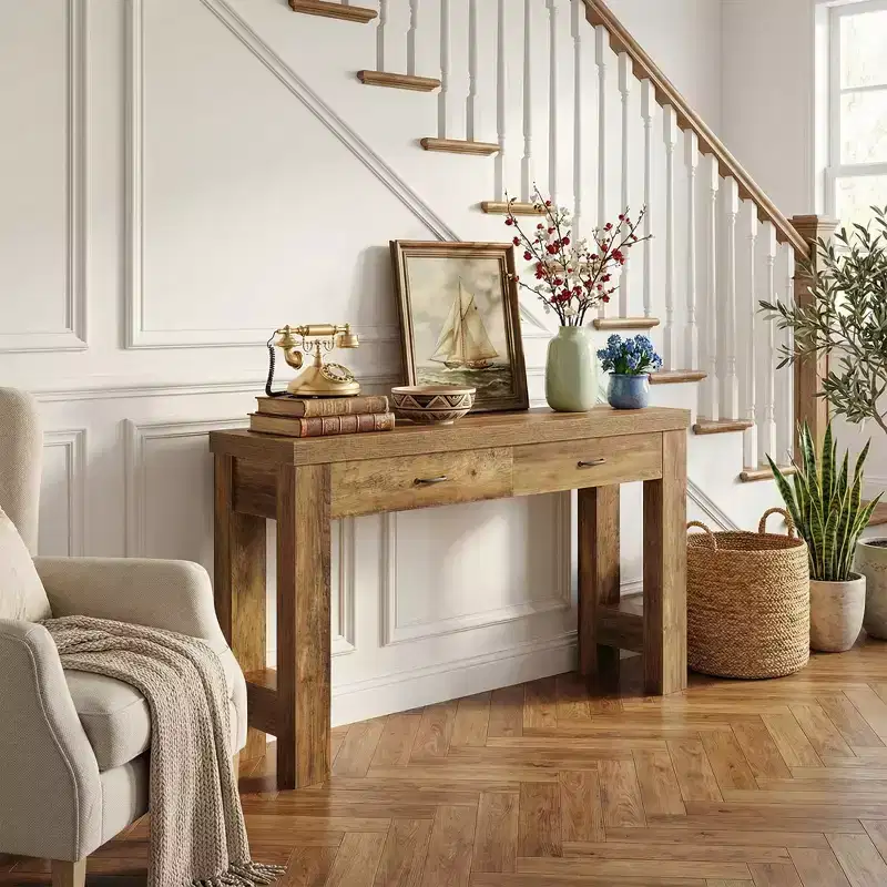 MAYEERTY 63-Inch Farmhouse Console Table, Entryway Table with H-Shaped Legs and 2 Drawers