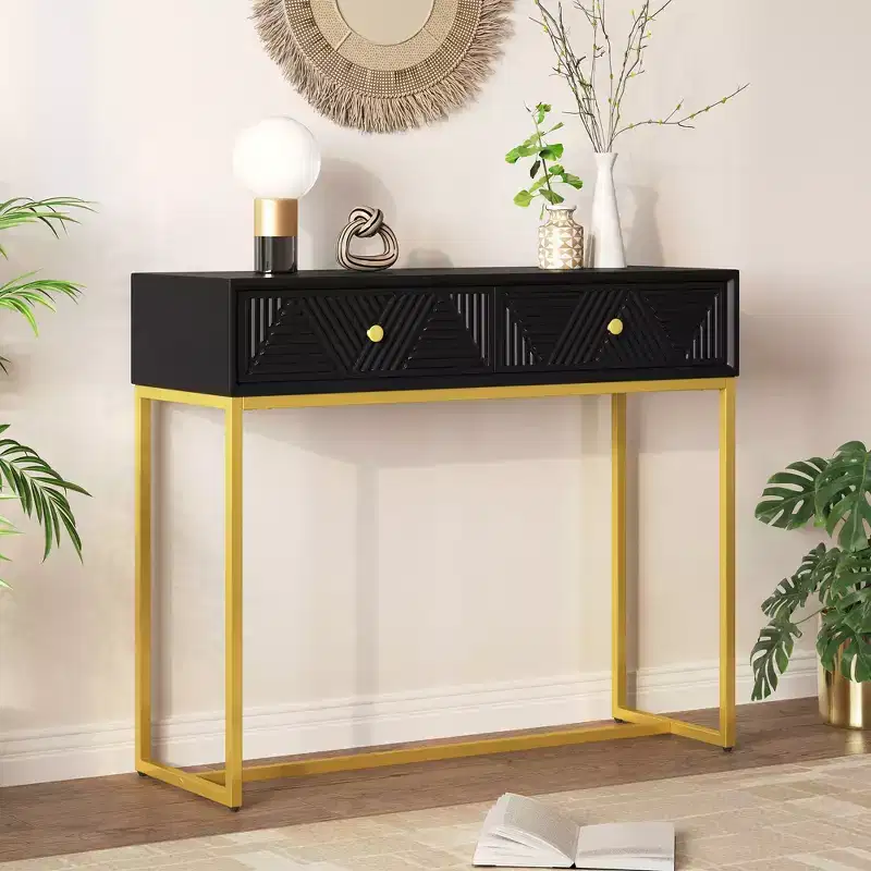 Okak Modern Entryway Table with Golden Legs, Narrow Console Table with 2 Drawers and Stripe Design, Accent Table for Living Room, Hallway