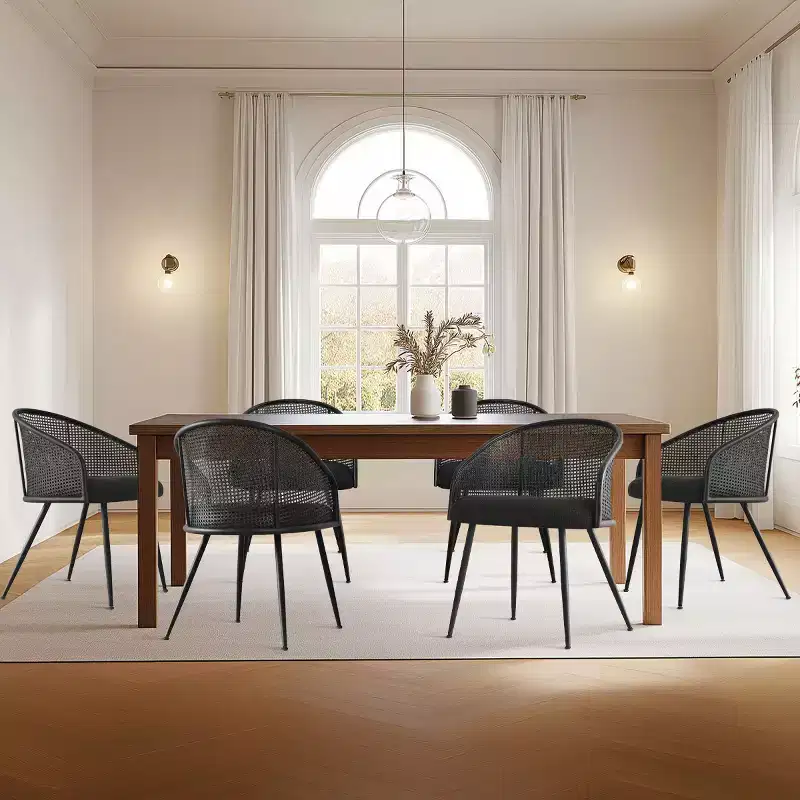 Panipeachy Dining Room Chairs Set of 6, Modern Upholstered Boucl Armchairs with Woven Back & Black Metal Legs