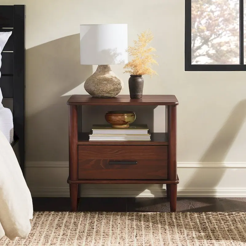 Spindle Nightstand with 1 Drawer & Open Cubby – Brown / Walnut, Solid Pine, Transitional Style, Single