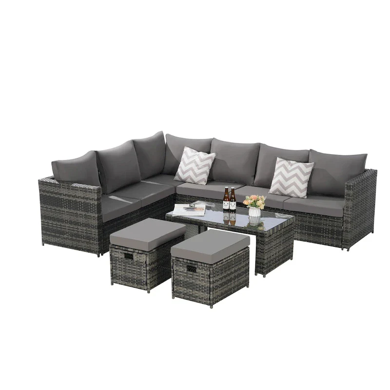 6-Piece Rattan Sectional Sofa Set with Glass Table