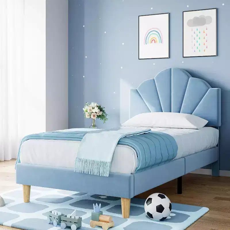 Twin Bed Frame, Velvet Upholstered Platform Bed with Adjustable Headboard, Wood Slats, Easy Assembly, No Box Spring, Light Blue