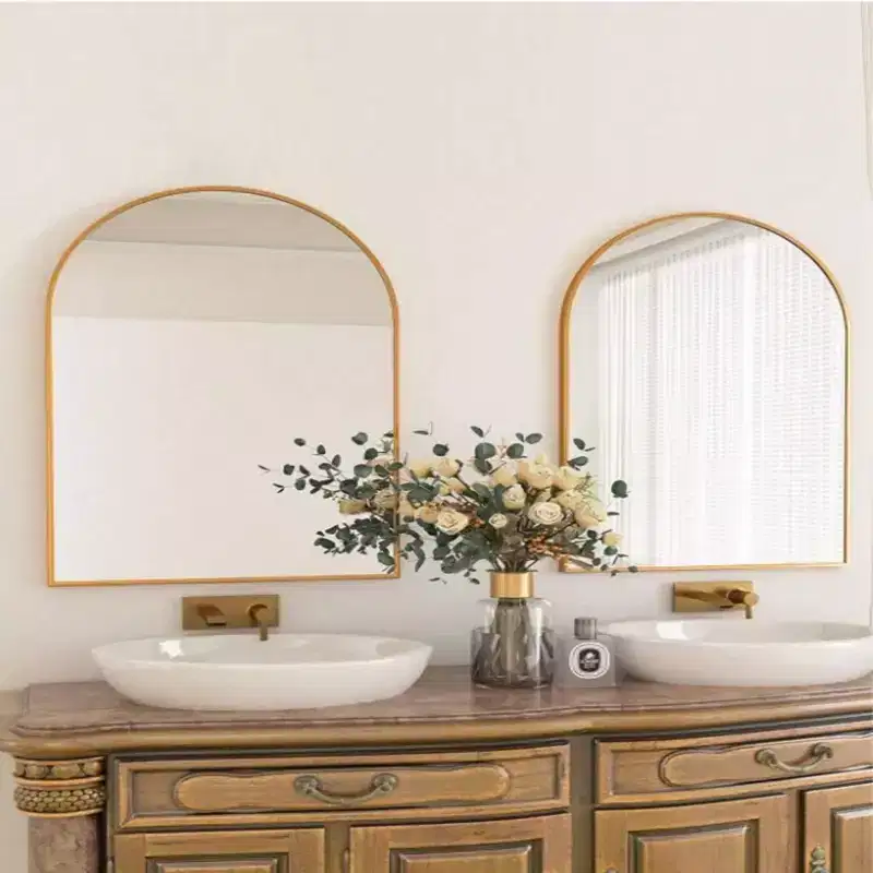 26 x 38 Arched Mantle Mirror, Black/Gold-HOMLUX: Metal Frame, Wall Mount, Modern Decor
