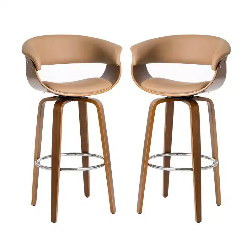 Set of 2 Mid-century Modern Walnut Bentwood Swivel Barstools - Glitzhome
