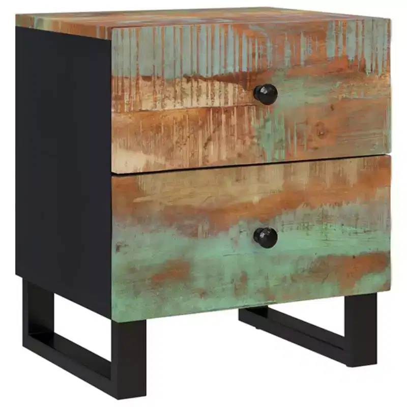 Industrial Bedside Cabinet with Reclaimed Wood & Iron Legs, Multicolour