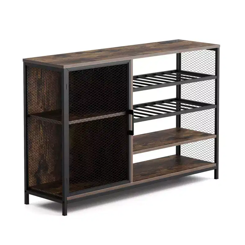 Industrial Side Table with Charging Station, Retro End Table with LED Light
