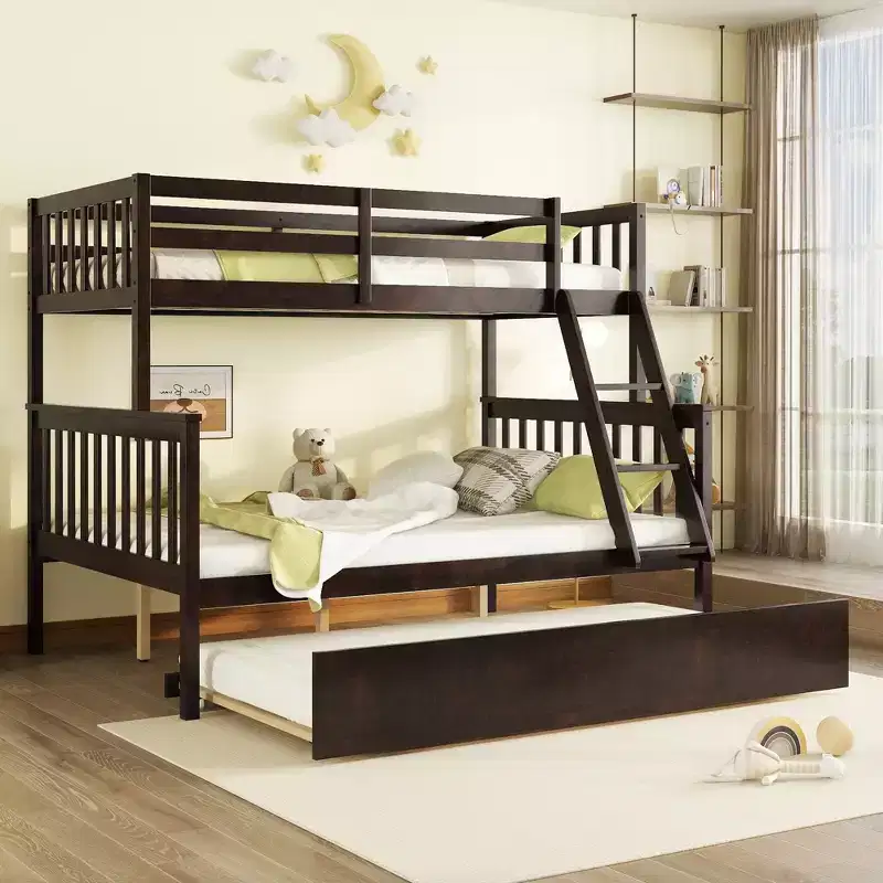 Twin Over Full Bunk Bed with Trundle & Reversible Ladder – Espresso / Grey / White, Sleeps 3