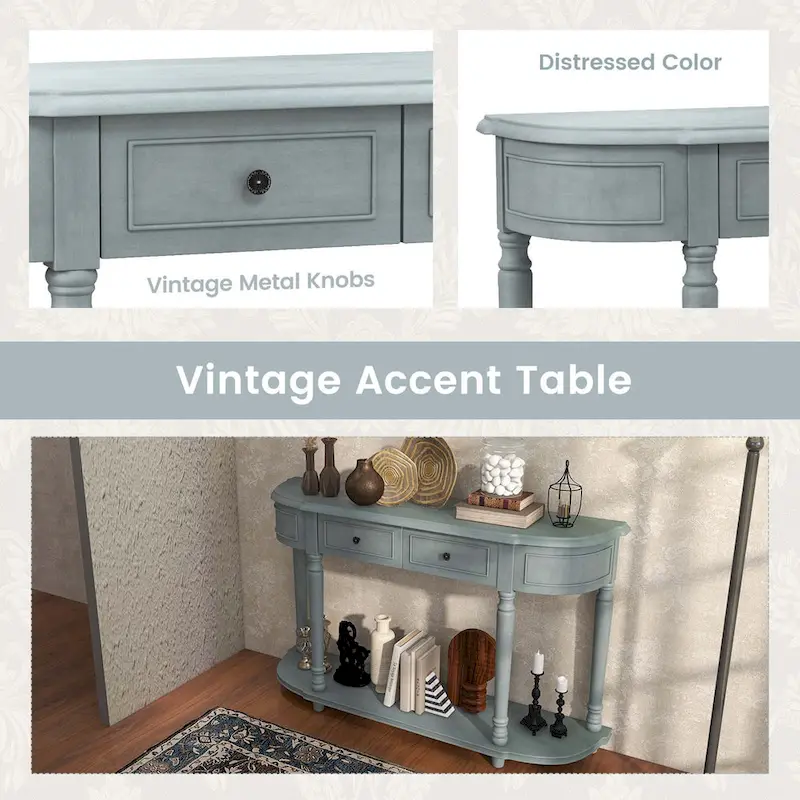 Costway 52 Long Sofa Table with 2 Drawers & Open Shelf Retro Console - See Details