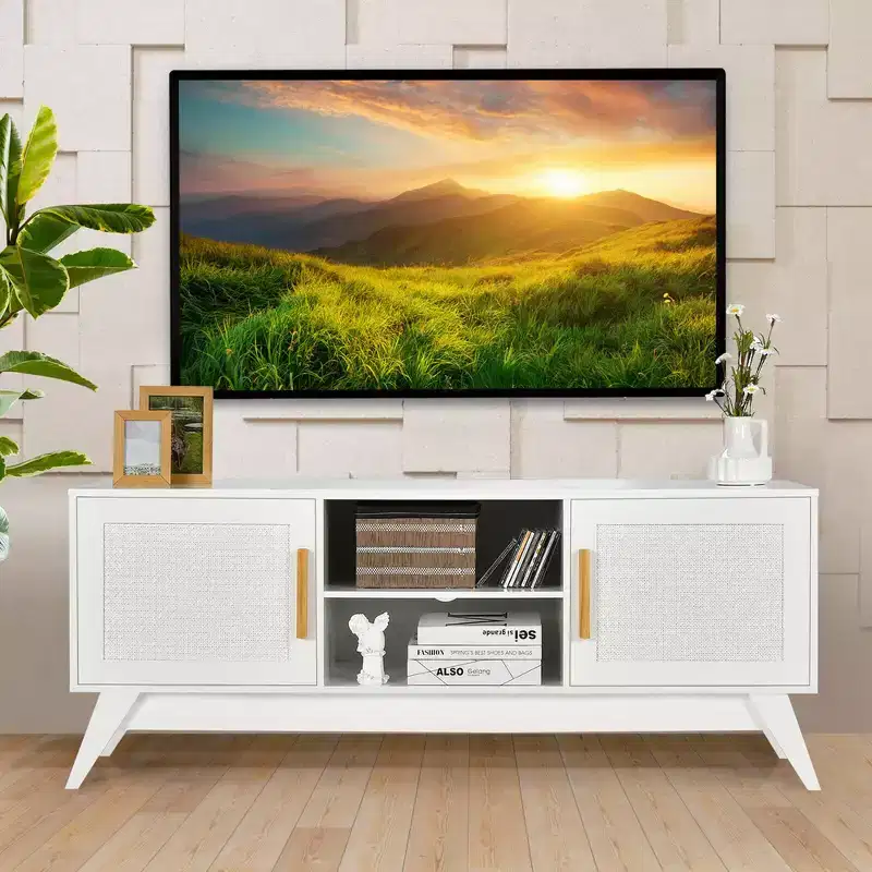 Costway TV Stand Entertainment Media Console w/ 2 Rattan Cabinets & Open Shelves