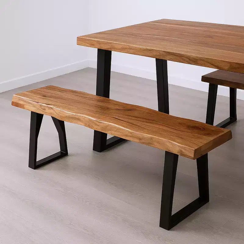 68 Brown and Black Solid Wood And Metal Live Edge Dining Bench