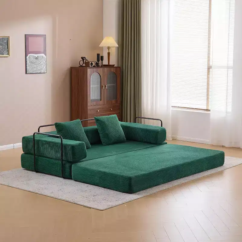 MooxvMoo Floor Sofa Bed Convertible, Corduroy Futon Couch with Pillow, Sleeper for Living Room Bedroom, Green