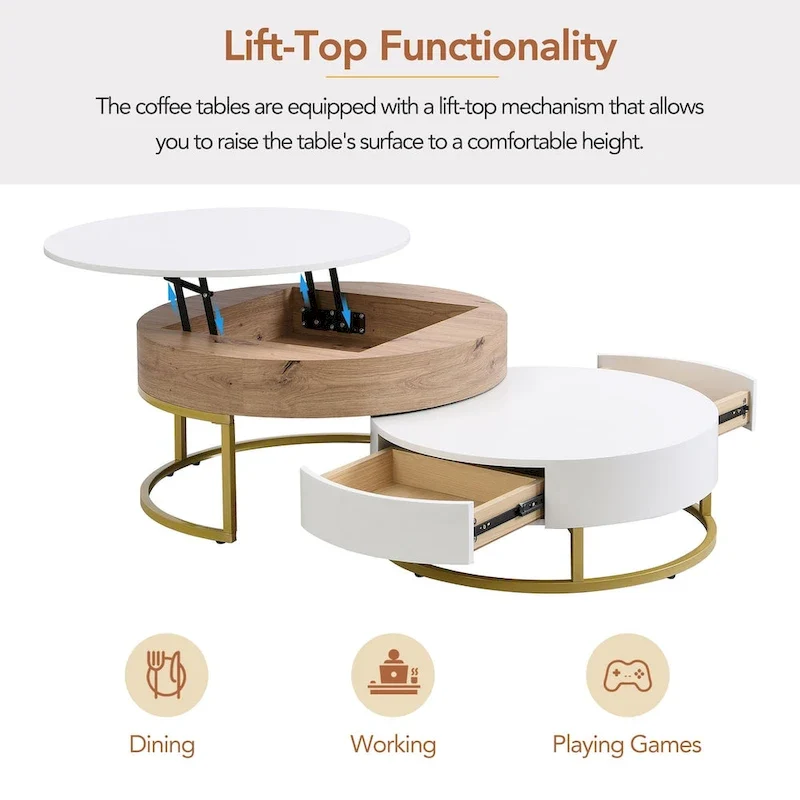 Modern Round Lift-top Nesting Coffee Tables with 2 Drawers White & Black