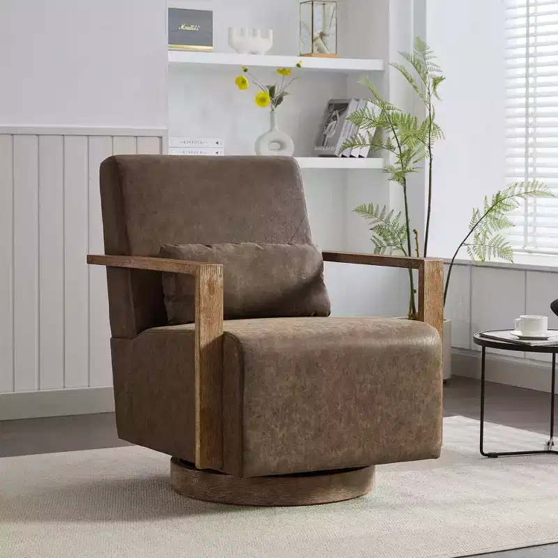 MDF & Leather 360-Degree Swivel Accent Chair with Solid Wood Armrests, 37