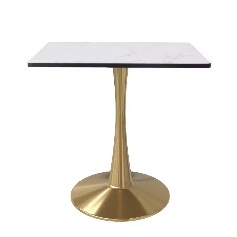 LeisureMod Bristol Square Dining Table  Marbled White MDF Top with Gold Steel Pedestal Base, Modern Kitchen, Dining Room, Cafe, Small Apartment Space