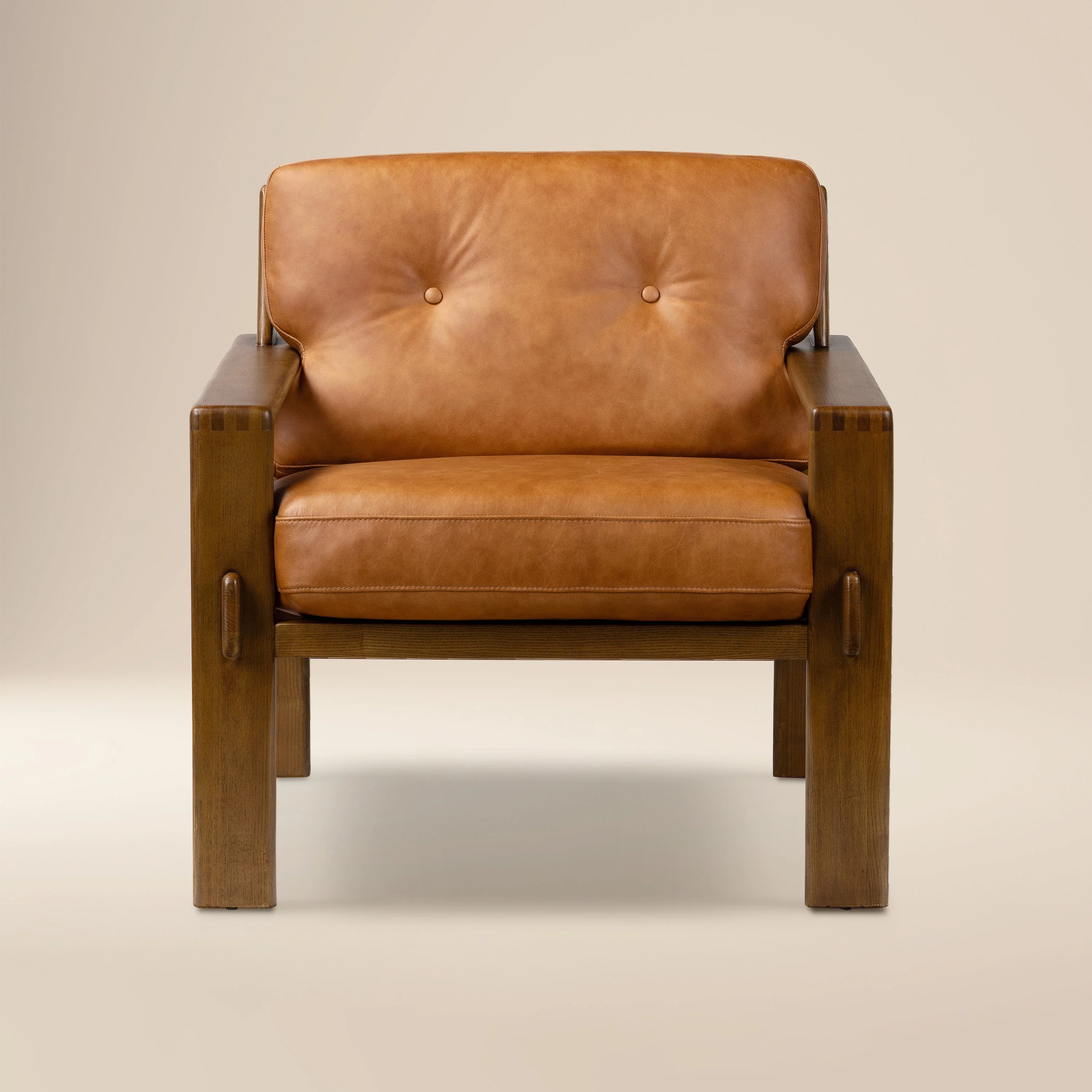 Modern Cognac Tan Leather Lounge Chair with Tufted Back