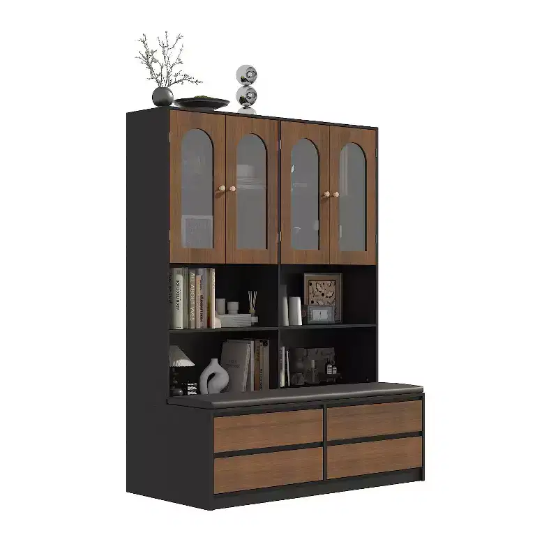 Bookcase with Cushioned Bench, Arch Glass Doors, Drawers and Shoe Storage
