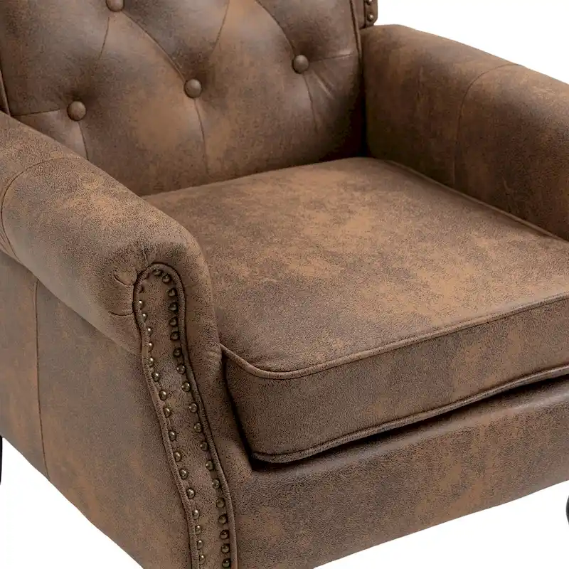 Upholstered PU Leather Accent Chair,Mid Century Button Tufted High Back Arm Chair with Armrest and Solid Wood Legs