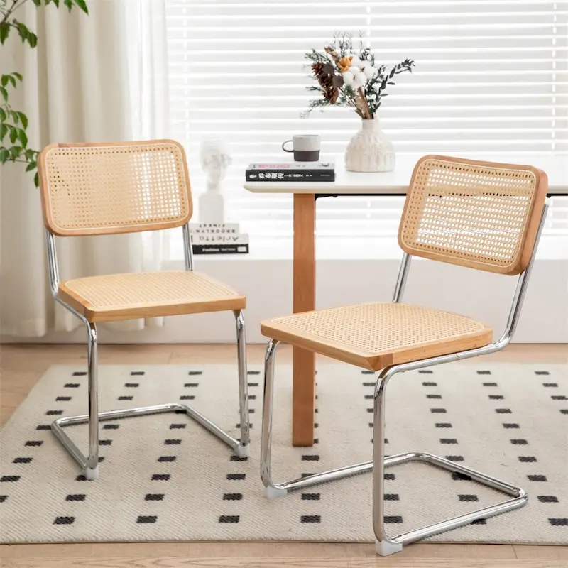 Cantilever Dining Chairs with Rattan Back and Chrome Frame, Set of 2
