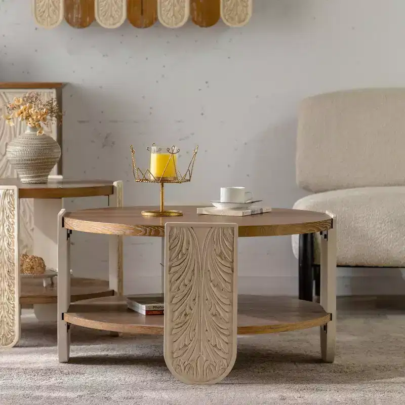 CLIHOME Carved Wooden Coffee Table, Retro End Table with Double-Layer Storage, Palace Style Bedside Table for Small Spaces