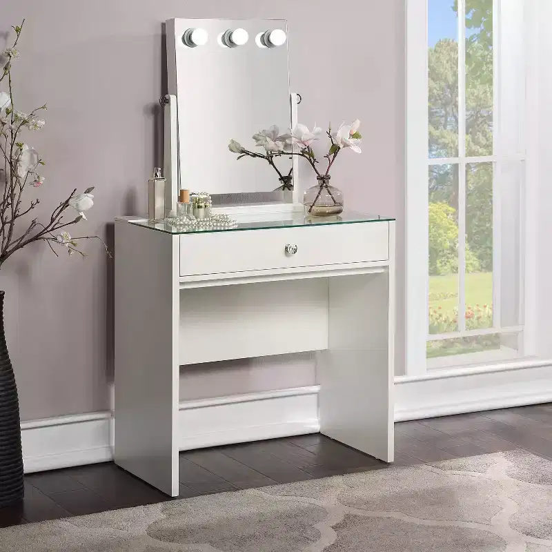 24/7 Shop At Home Frosthaven Makeup Vanity Table with Adjustable Mirror Set Luminous White: Integrated LED, Modern Design, 1 Drawer Storage