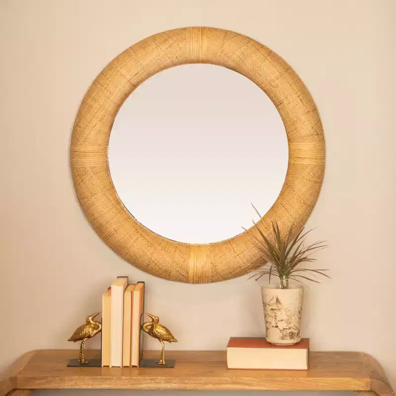 Handwoven Rattan Cane Round Wall Mirror – Natural Boho Decor