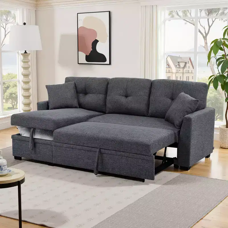 MooxvMoo 86 Modern Sleeper Sectional with Reversible Chaise, 3-Seater Convertible L-Shaped Sofa Bed, Pull-Out Couch in Linen-Like Fabric, Gray