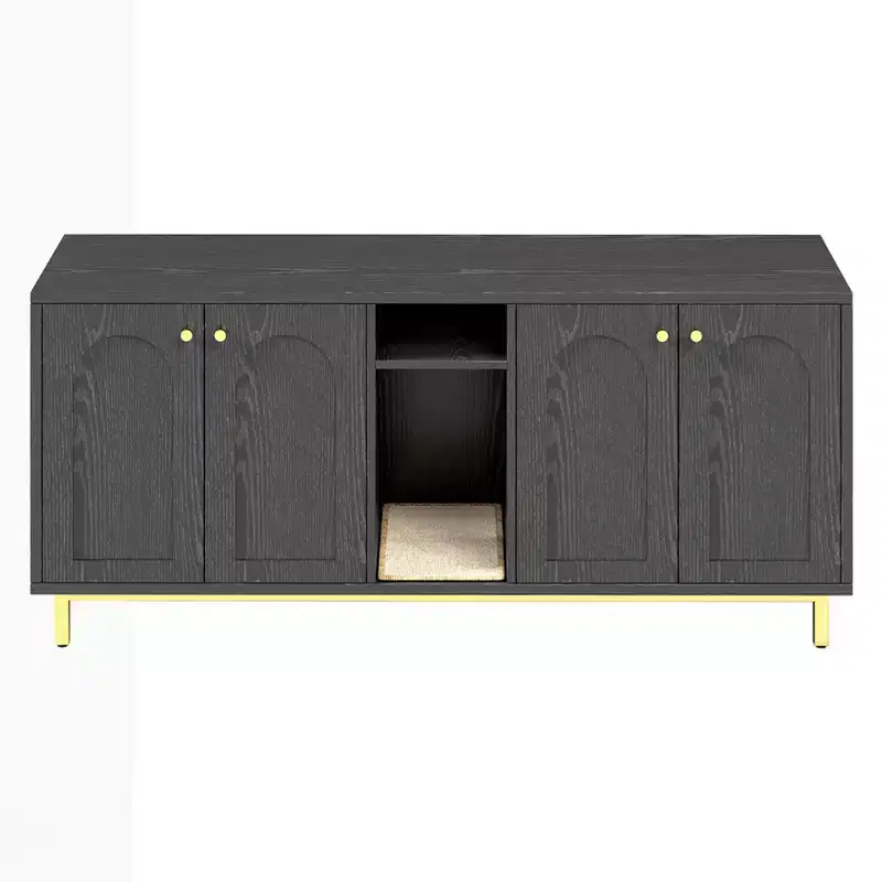 Black Litter Box Enclosure with Storage Cabinet, Large Capacity, Double Magnetic Door Design, Built-in Scratching Pad