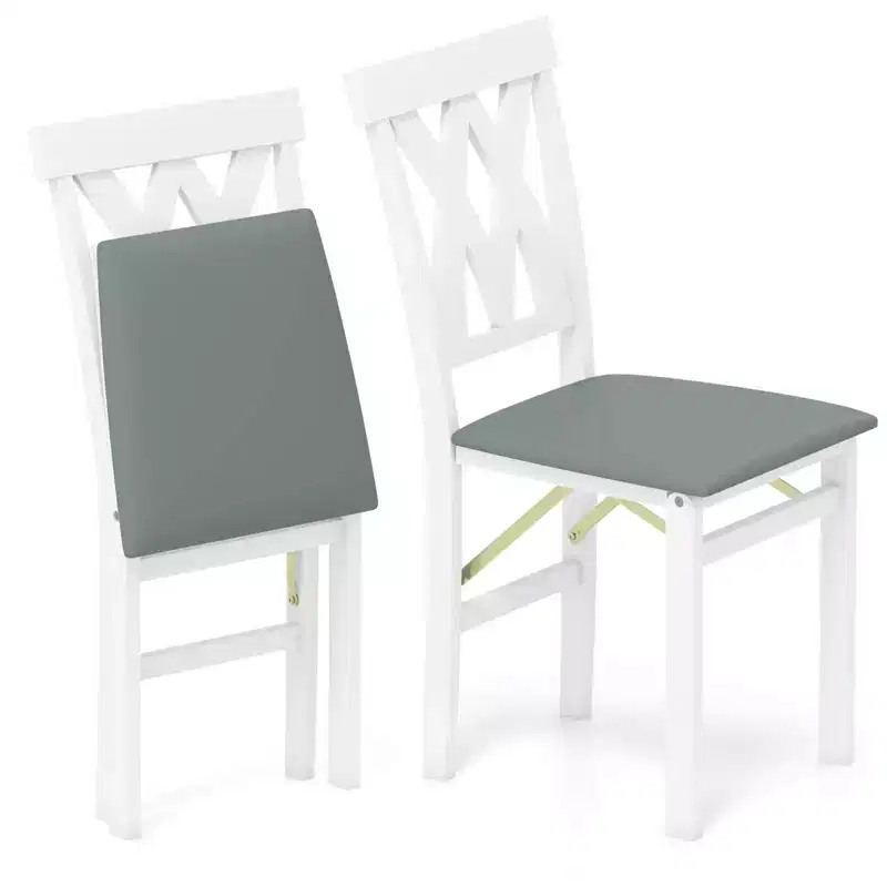 Costway Folding Kitchen Chairs Set of 2/4 with Rubber Wood Frame Padded Seat with PVC Leather White/Brown
