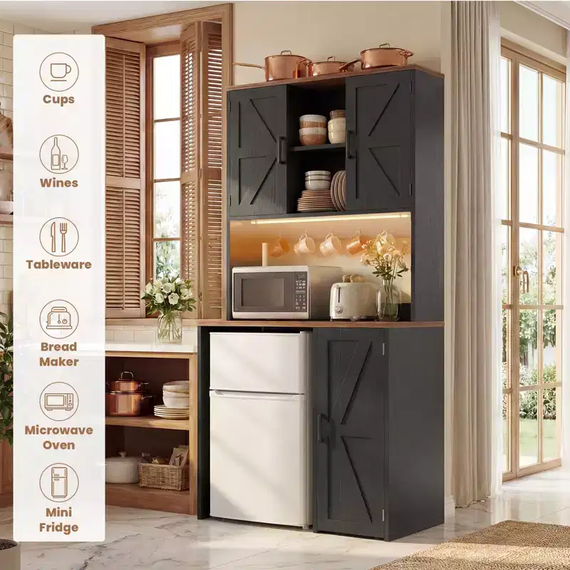 Kitchen Pantry Cabinet with Mini Fridge Space, Coffee Bar Cabinet with Storage Shelf